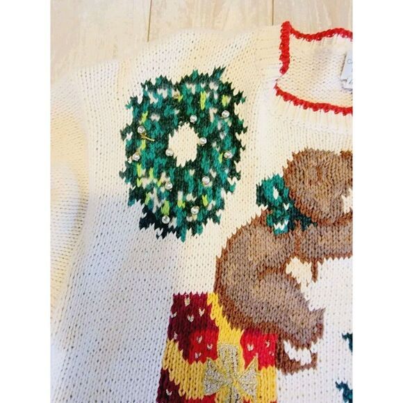 Casual Corner L Heavy Embroidered Bears Christmas Sweater Sz L Vintage 80's - Picture 6 of 8